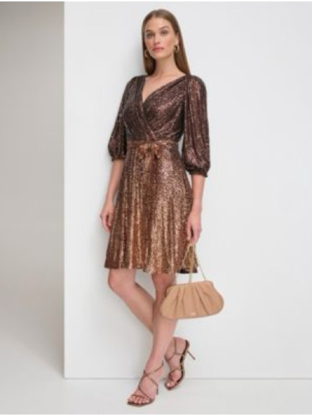 DKNY Women's Long Sleeve Ombre Faux Wrap Sequin Dress 8 Like New